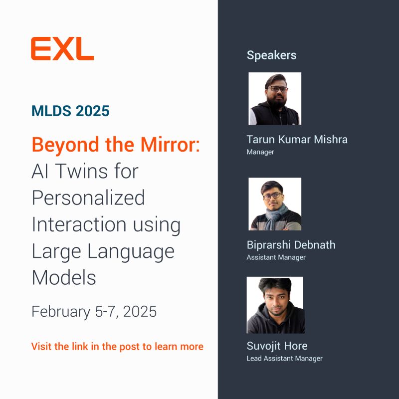 EXL speakers card for the MLDS 2025 AI Twins session