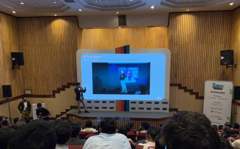 Suvojit presenting the AI Twin demo on stage at MLDS 2025